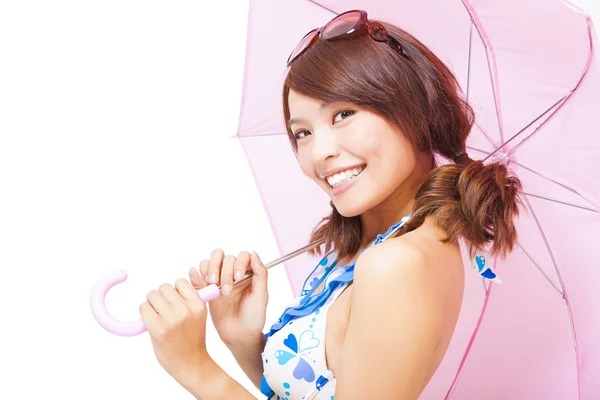 Young woman holding a umbrella. isolated on a white background — Stock Photo, Image