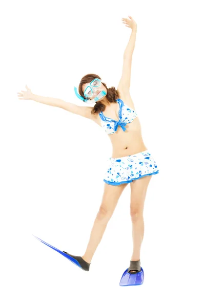 滑稽的年轻女人摆个姿势带水肺潜水设备 — 图库照片