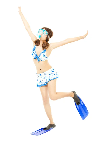 Bonito jovem mulher fazer uma pose com um equipamento de mergulho — Fotografia de Stock