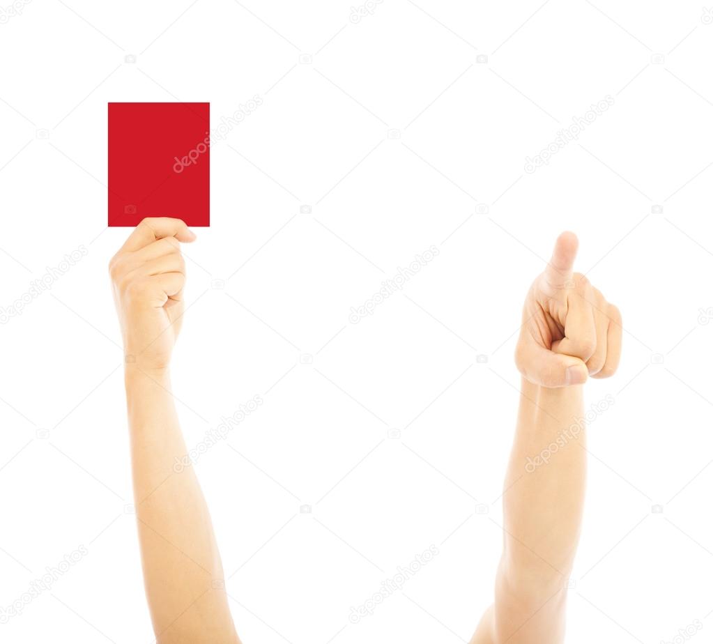 Hand of referee with red card and point the direction