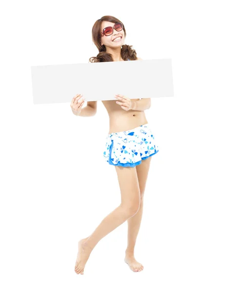 Smile sunshine woman standing and holding a board — Stock Photo, Image