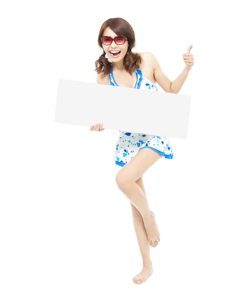 Sunshine woman holding a board and thumb up gesture — Stock Photo, Image