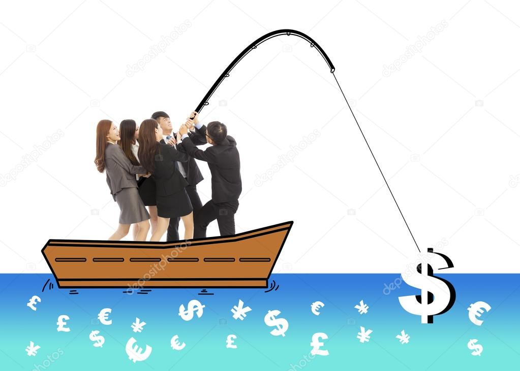 business team go fishing a big money from worldwide market