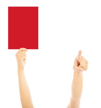 Hand of referee with big red card and point the direction clipart