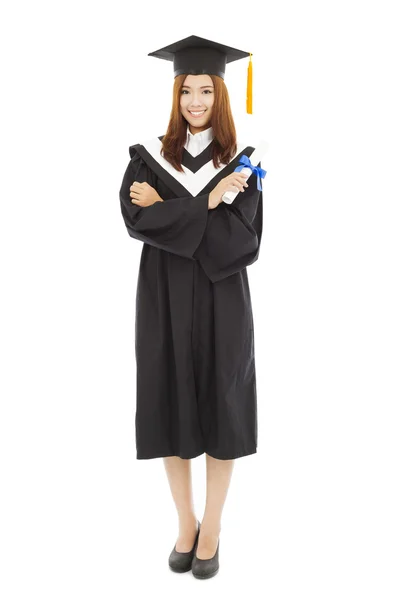 Full length beautiful young graduation woman standing — Stock Photo, Image