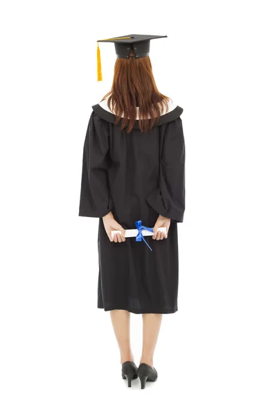 Back of  full length beautiful young graduation woman standing — Stock Photo, Image