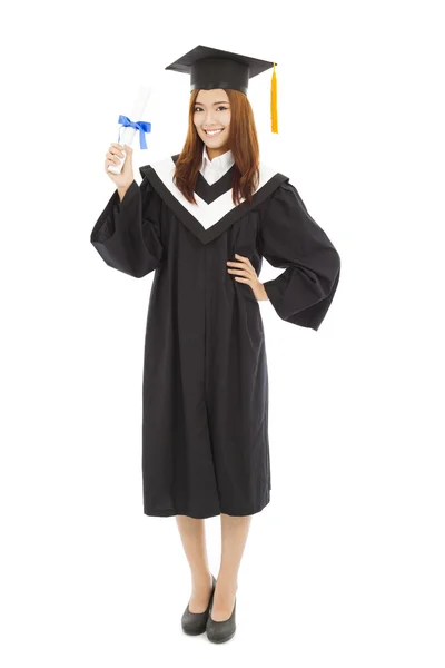 Glad graduate kvinna anläggning diplom — Stockfoto