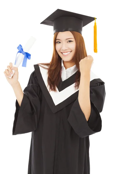 Happy Graduate woman Holding diploma and thumb up — Stock Photo, Image