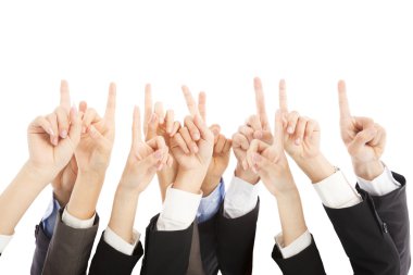 Grup iş adamları yukarı doğru noktaya birlikte eller