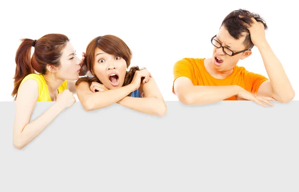 Young girl make a surprising expression with painful man — Stock Photo, Image