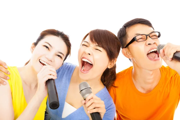 Feliz asiático jovem grupo ter diversão cantando com karaoke — Fotografia de Stock