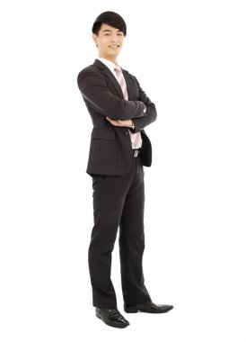 genç işadamı ayakta ve eller üzerinde. beyaz izole