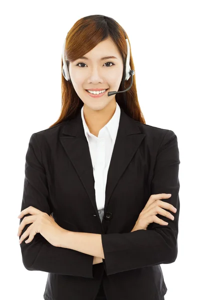 Επαγγελματικές επιχειρηματικές γυναίκα με ακουστικά και σε όπλα — Φωτογραφία Αρχείου