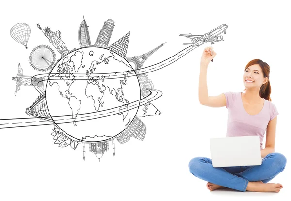 Young woman drawing a travel trip planning — Stock Photo, Image