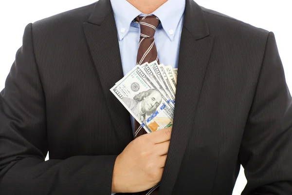 Businessman hide money in the pocket with white background — Stock Photo, Image