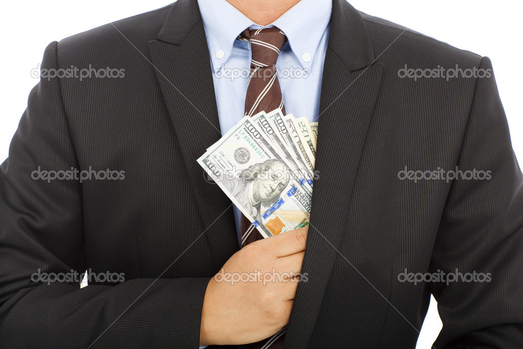 businessman hide money in the pocket with white background