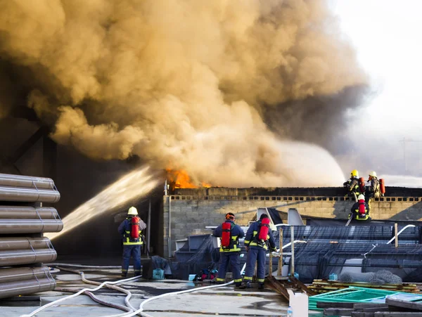 Vários bombeiros apoiam para desligar o fogo da fábrica — Fotografia de Stock