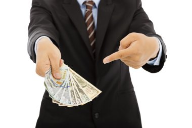 Bizi dolar nakit holding iş adamı. beyaz izole