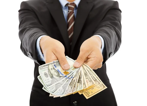 Business man holding us dollar cash. isolated on white — Stock Photo, Image