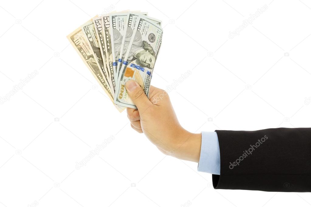 Businessman holding us dollar . isolated on a white background