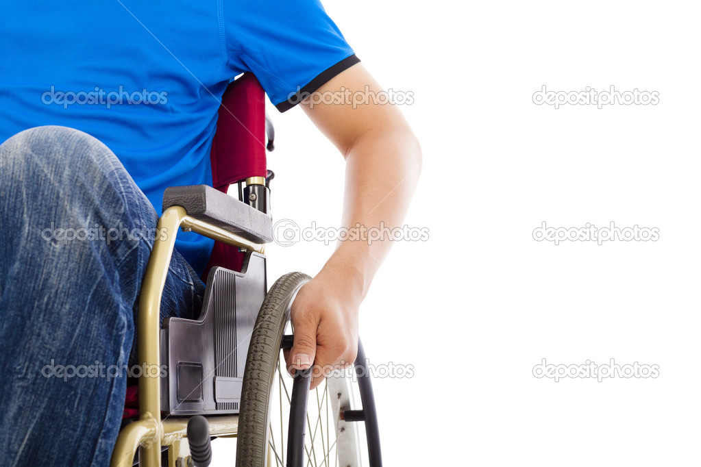 closeup of handicapped man sitting on a wheelchair