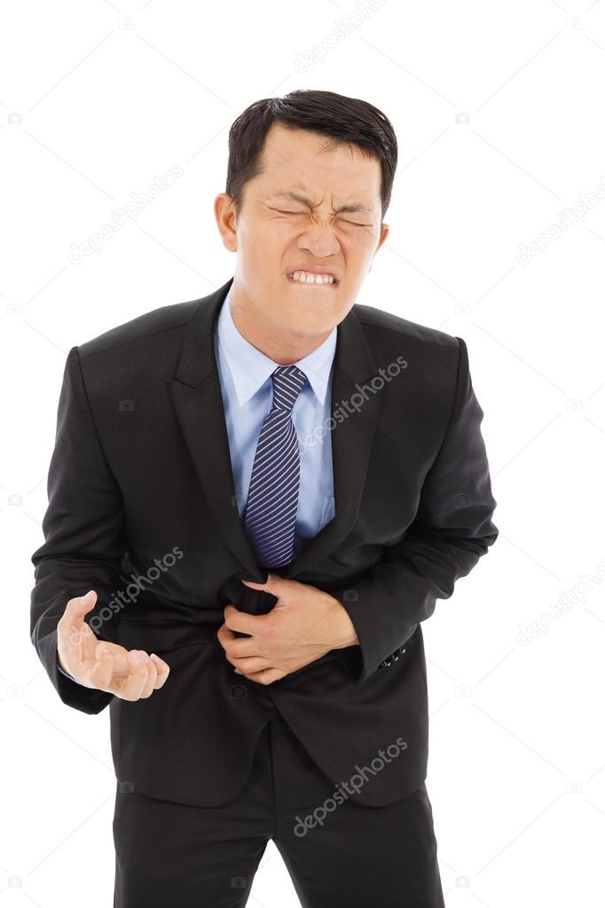 Businessman have stomach pain isolated on a white background