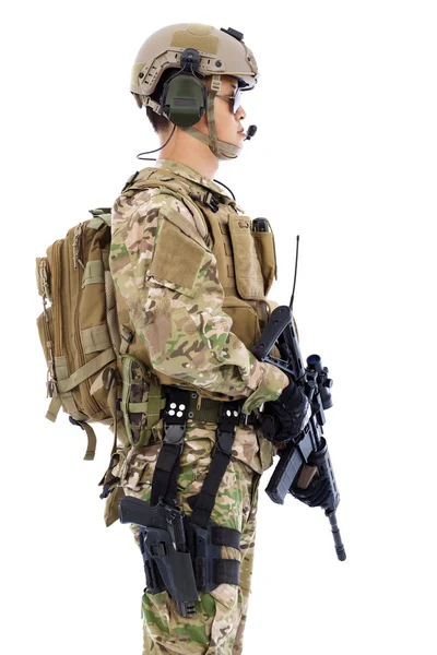 Soldier with rifle or sniper standing on a white background — Stock Photo, Image