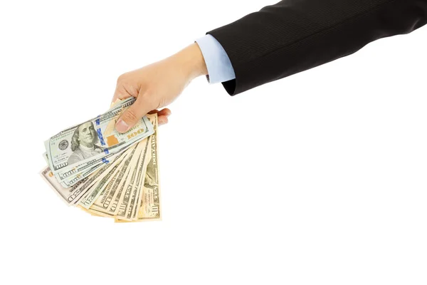 Affärsman håller oss dollar. isolerad på en vit bakgrund — Stockfoto