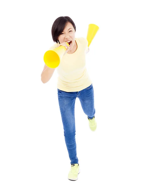 Happy student girl holding megaphone over white background — Stock Photo, Image