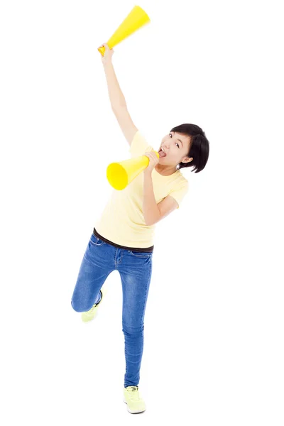 Young student girl holding megaphone over white background — Stock Photo, Image