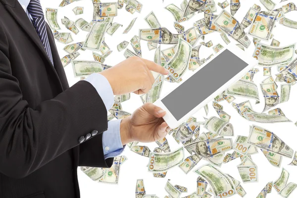 Business man touching tablet with money rain — Stock Photo, Image