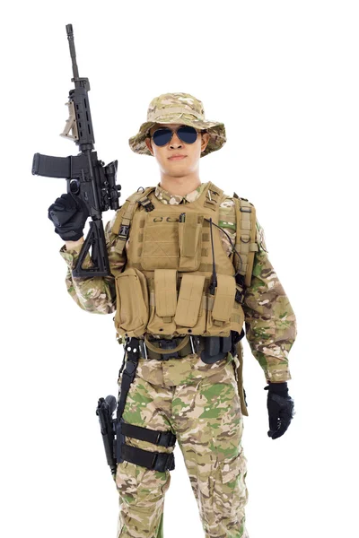 Soldier with rifle or sniper  over  white background — Stock Photo, Image