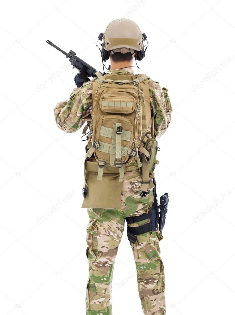 back view of soldier with rifle or sniper