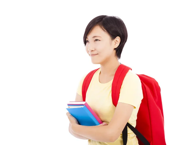 Felice studente ragazza tenendo libro con sfondo bianco — Foto Stock