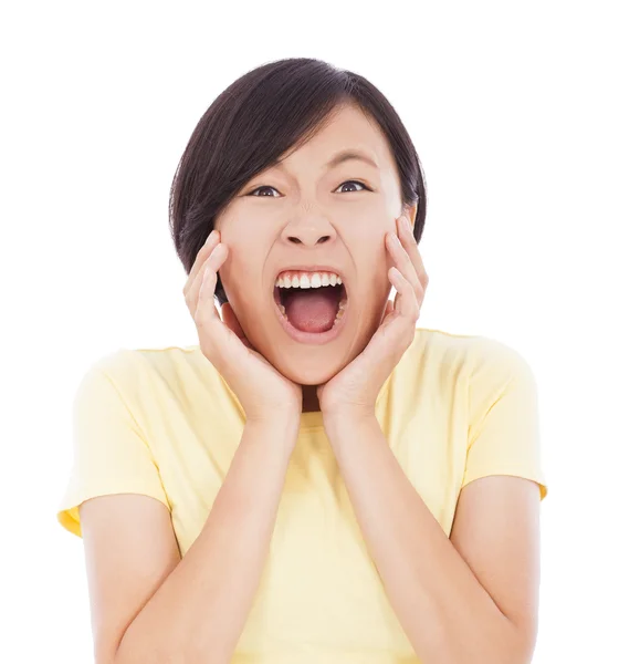 Досить азіатська жінка відчуває здивований вираз обличчя — стокове фото