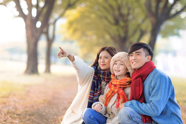 秋の公園で幸せなアジア系の家族 — ストック写真