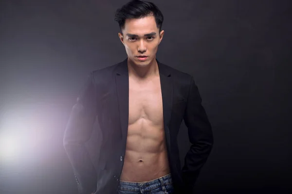 Strong Fit Handsome Asian Young Man Black Background — Stockfoto