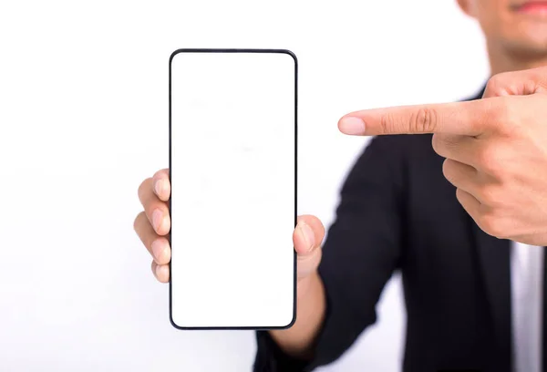 Homem Negócios Segurando Smartphone Grande Com Tela Branca Branco Mão — Fotografia de Stock