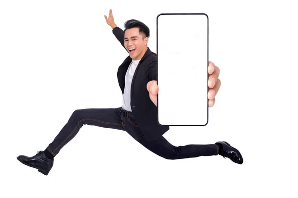 Happy Young Man Running Showing Big Smartphone Blank White Screen — Stockfoto