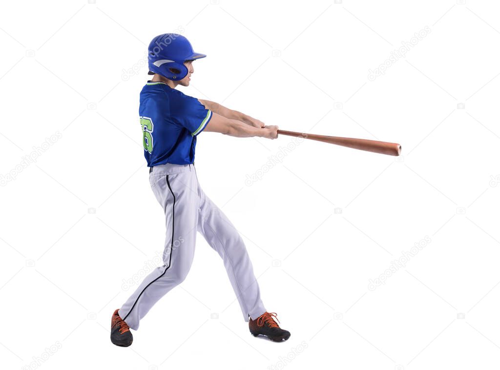 Baseball player in action and isolated on white