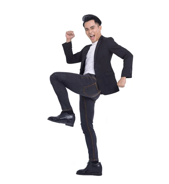 Excited Young Successful Business Man Jumping Dancing — Stok fotoğraf