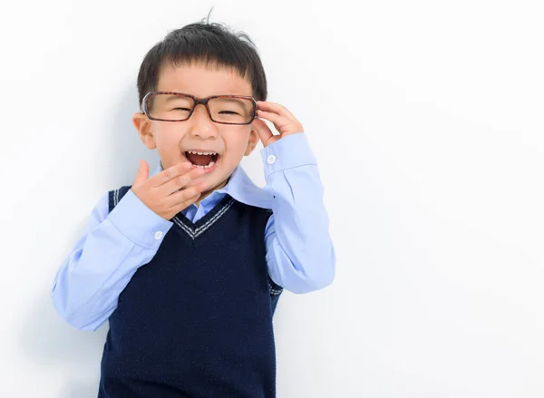 Happy Kid Αγόρι Κρατώντας Γυαλιά Και Διασκεδάζοντας — Φωτογραφία Αρχείου