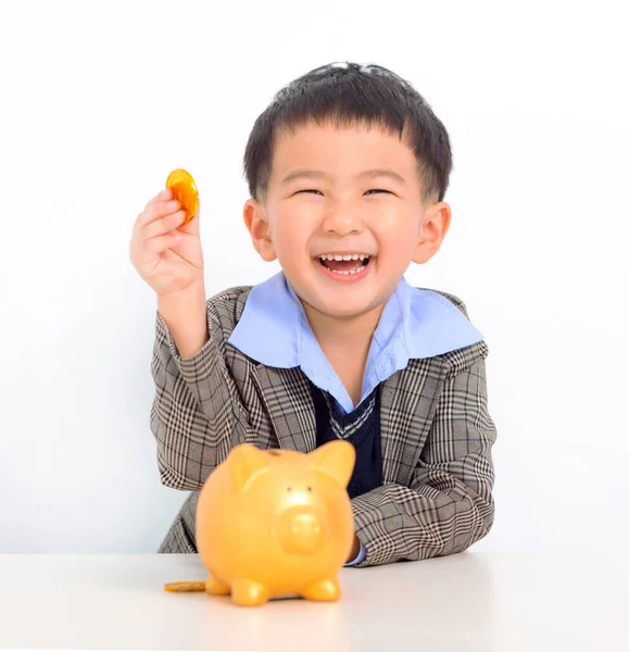 Menino Feliz Com Moeda Banco Porquinho — Fotografia de Stock