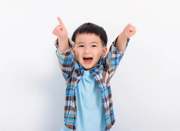 Щасливий Маленький Хлопчик Рука Вказує Камеру — стокове фото