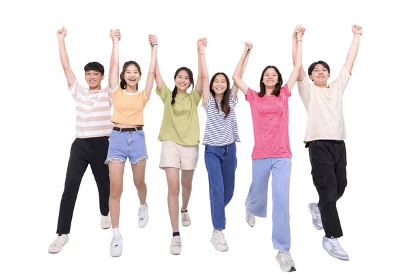 Teenager Student Group Walking Together Raising Hands Stock Photo