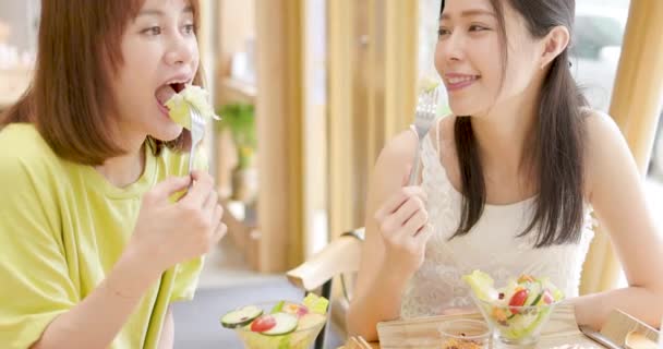 Female Friends Enjoying Fresh Salad Restaurant Having Fun — Wideo stockowe