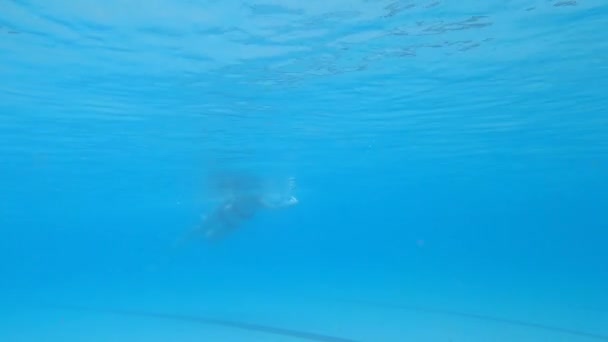 Junge Frau Schwimmt Freistilpose Pool Unter Wasser — Stockvideo
