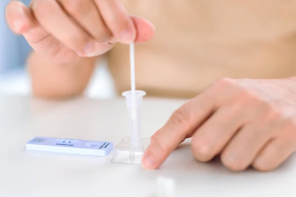 Closeup Woman Using Coronavirus Covid Rapid Antigen Home Testing Kit — Stock fotografie