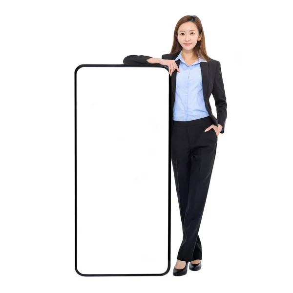 Business Woman Leaning Huge Cellphone Blank White Screen Recommending Great — Stock Photo, Image