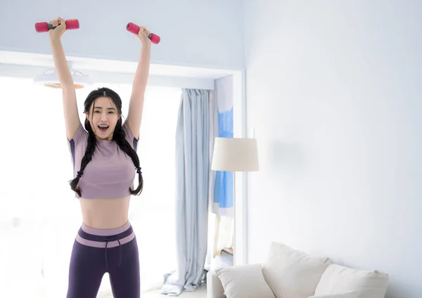 Mladý Asijské Zdravý Žena Cvičení Doma Domácí Fitness Koncept — Stock fotografie